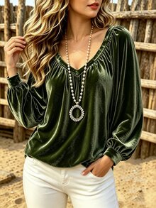 Linhara CURVE Plus Size Elegant Commuter Solid Color Long Sleeve Blouse Fall - Dark Green - View 3