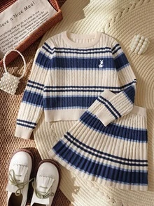 SHEIN Girls' Knitted 2 Pieces Set, Blue Cute Embroidered Rabbit Striped Sweater + Knitted Striped Skirt, Long Sleeve Crew Neck Pullover, Casual Elegant Style For Autumn/Winter, Soft And Skin-Friendly, Comfortable And Easy To Wear, Suitable For Multiple Occasions - White - View 11