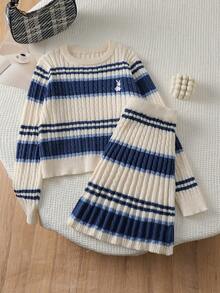 SHEIN Girls' Knitted 2 Pieces Set, Blue Cute Embroidered Rabbit Striped Sweater + Knitted Striped Skirt, Long Sleeve Crew Neck Pullover, Casual Elegant Style For Autumn/Winter, Soft And Skin-Friendly, Comfortable And Easy To Wear, Suitable For Multiple Occasions - White - View 1