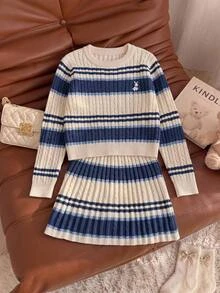 SHEIN Girls' Knitted 2 Pieces Set, Blue Cute Embroidered Rabbit Striped Sweater + Knitted Striped Skirt, Long Sleeve Crew Neck Pullover, Casual Elegant Style For Autumn/Winter, Soft And Skin-Friendly, Comfortable And Easy To Wear, Suitable For Multiple Occasions - White - View 12