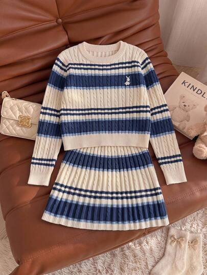 SHEIN Setelan Rajut 2 Potong untuk Anak Perempuan, Sweater Garis-garis Kelinci Bordir Lucu Biru + Rok Rajut Garis-garis, Pullover Lengan Panjang Kerah Bulat, Gaya Kasual Elegan untuk Musim Gugur/Dingin, Lembut dan Ramah Kulit, Nyaman dan Mudah Dipakai, Cocok untuk Berbagai Acara
