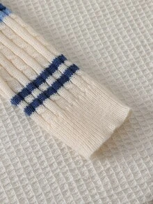 SHEIN Girls' Knitted 2 Pieces Set, Blue Cute Embroidered Rabbit Striped Sweater + Knitted Striped Skirt, Long Sleeve Crew Neck Pullover, Casual Elegant Style For Autumn/Winter, Soft And Skin-Friendly, Comfortable And Easy To Wear, Suitable For Multiple Occasions - White - View 7
