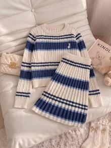 SHEIN Girls' Knitted 2 Pieces Set, Blue Cute Embroidered Rabbit Striped Sweater + Knitted Striped Skirt, Long Sleeve Crew Neck Pullover, Casual Elegant Style For Autumn/Winter, Soft And Skin-Friendly, Comfortable And Easy To Wear, Suitable For Multiple Occasions - White - View 10