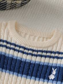 SHEIN Girls' Knitted 2 Pieces Set, Blue Cute Embroidered Rabbit Striped Sweater + Knitted Striped Skirt, Long Sleeve Crew Neck Pullover, Casual Elegant Style For Autumn/Winter, Soft And Skin-Friendly, Comfortable And Easy To Wear, Suitable For Multiple Occasions - White - View 3