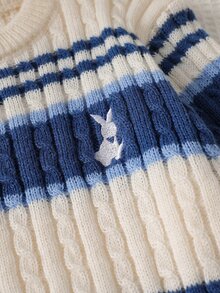 SHEIN Girls' Knitted 2 Pieces Set, Blue Cute Embroidered Rabbit Striped Sweater + Knitted Striped Skirt, Long Sleeve Crew Neck Pullover, Casual Elegant Style For Autumn/Winter, Soft And Skin-Friendly, Comfortable And Easy To Wear, Suitable For Multiple Occasions - White - View 6
