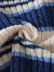 SHEIN Girls' Knitted 2 Pieces Set, Blue Cute Embroidered Rabbit Striped Sweater + Knitted Striped Skirt, Long Sleeve Crew Neck Pullover, Casual Elegant Style For Autumn/Winter, Soft And Skin-Friendly, Comfortable And Easy To Wear, Suitable For Multiple Occasions - White - View 5