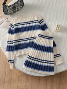 SHEIN Girls' Knitted 2 Pieces Set, Blue Cute Embroidered Rabbit Striped Sweater + Knitted Striped Skirt, Long Sleeve Crew Neck Pullover, Casual Elegant Style For Autumn/Winter, Soft And Skin-Friendly, Comfortable And Easy To Wear, Suitable For Multiple Occasions - White - View 2