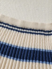 SHEIN Girls' Knitted 2 Pieces Set, Blue Cute Embroidered Rabbit Striped Sweater + Knitted Striped Skirt, Long Sleeve Crew Neck Pullover, Casual Elegant Style For Autumn/Winter, Soft And Skin-Friendly, Comfortable And Easy To Wear, Suitable For Multiple Occasions - White - View 4