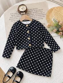 SHEIN 女童針織波點休閒夾克與裙子兩件套 - 黑色 - 查看 4