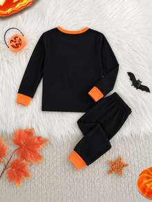 Baby Boy Contrast Color Skeleton Pattern Long Sleeve Top And Pants Casual Daily Home Sleepwear Set - Multicolor - View 2