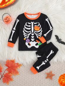 Baby Boy Contrast Color Skeleton Pattern Long Sleeve Top And Pants Casual Daily Home Sleepwear Set - Multicolor - View 3