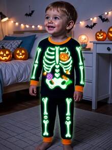 Baby Boy Contrast Color Skeleton Pattern Long Sleeve Top And Pants Casual Daily Home Sleepwear Set - Multicolor - View 1