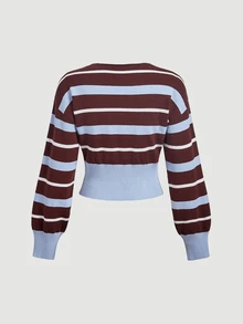 SHEIN MOD Cardigan Wanita Kasual dengan Motif Garis Kontras Warna, Musim Gugur/Dingin - MultiWarna - View 6