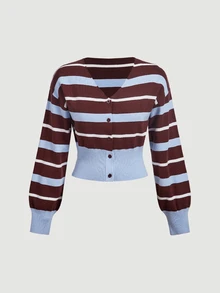 SHEIN MOD Cardigan Wanita Kasual dengan Motif Garis Kontras Warna, Musim Gugur/Dingin - MultiWarna - View 5