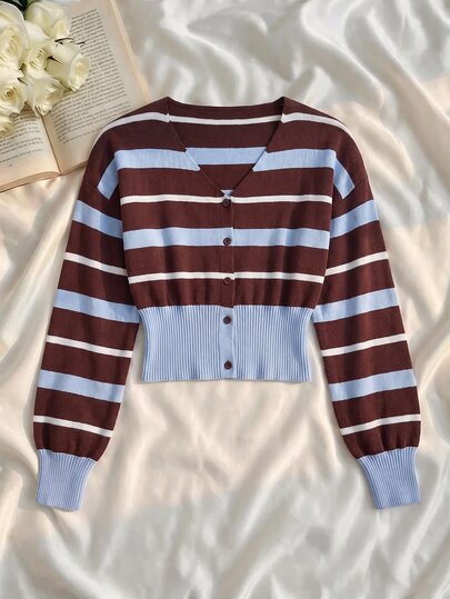 SHEIN MOD كارديجان نسائي كاجوال مخطط بألوان متباينة، خريف/شتاء