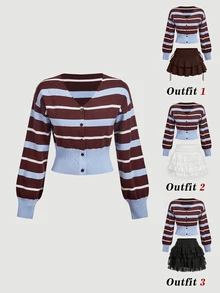 SHEIN MOD Cardigan Wanita Kasual dengan Motif Garis Kontras Warna, Musim Gugur/Dingin - MultiWarna - View 2
