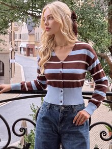 SHEIN MOD Cardigan Wanita Kasual dengan Motif Garis Kontras Warna, Musim Gugur/Dingin - MultiWarna - View 4