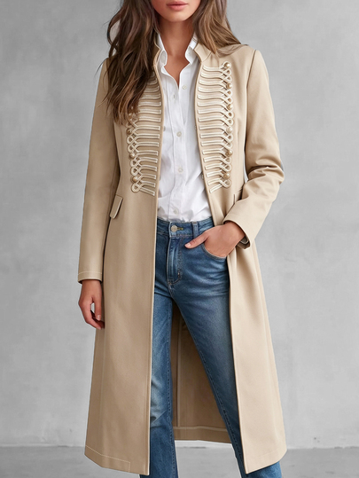 SHEIN PariChic Abrigo de media longitud elegante y casual de color caqui con tachuelas y cuello alto, adecuado para fiestas, vacaciones, Día de la Independencia, vuelta al colegio, disfraces de Halloween, abrigo de otoño/invierno para mujer