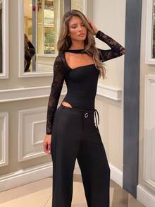 Wiktoria Wolska Black Asymmetric Shoulder Lace Long Sleeve Mesh Bodysuit For Women, Black Lace Bodysuit, Spring/Summer - Black - View 1