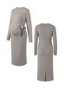 SHEIN Maternity Apricot Coffee Striped Casual Side Tie Dropped Shoulder Long Sleeve Dress, Autumn/Winter Fall - Coffee - View 8