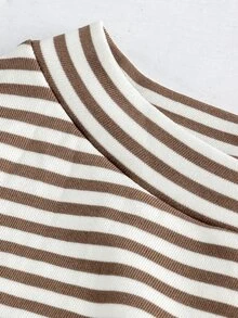 SHEIN Maternity Apricot Coffee Striped Casual Side Tie Dropped Shoulder Long Sleeve Dress, Autumn/Winter Fall - Coffee - View 5