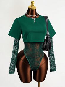 BamGleam Women's Long Sleeve 2 In 1 Sexy Lace Bodysuit - Dark Green - View 6