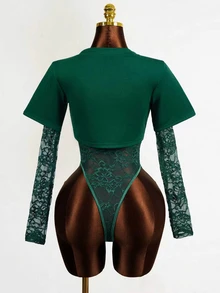 BamGleam Women's Long Sleeve 2 In 1 Sexy Lace Bodysuit - Dark Green - View 3