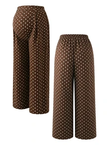 Momance Elegant Maternity Wide Leg Long Pants With Front Pleats, Back Ruching And Polka Dot Pattern - Coffee Brown - View 8