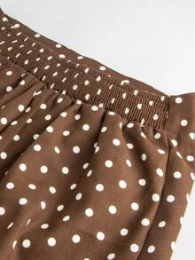 Momance Elegant Maternity Wide Leg Long Pants With Front Pleats, Back Ruching And Polka Dot Pattern - Coffee Brown - View 9