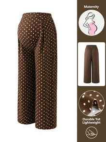 Momance Elegant Maternity Wide Leg Long Pants With Front Pleats, Back Ruching And Polka Dot Pattern - Coffee Brown - View 4