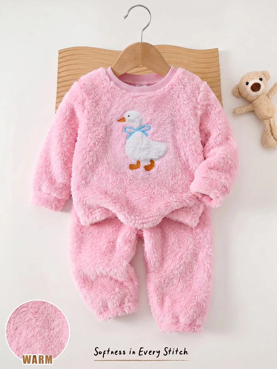 Cozy Pixies 女嬰卡通熊圖案保暖內裡加厚圓領長袖套頭上衣與鬆緊腰長褲2件套,舒適百搭時尚日常可愛熊圖案極簡百搭風,適合室內、戶外滑雪、日常、運動、玩耍、派對、攝影、假期、聖誕節 - 彩色 - 查看 1