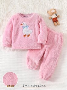 Cozy Pixies 女嬰卡通熊圖案保暖內裡加厚圓領長袖套頭上衣與鬆緊腰長褲2件套，舒適百搭時尚日常可愛熊圖案極簡百搭風，適合室內、戶外滑雪、日常、運動、玩耍、派對、攝影、假期、聖誕節 - 彩色 - 查看 3