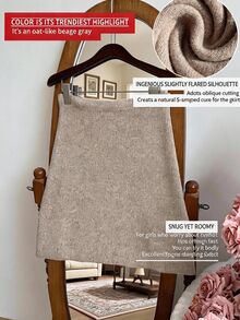 Comfortcana Plus Size Autumn/Winter Floral Knit Fitted A-Line Commute Minimalist Vintage Sweater Skirt - Camel - View 7