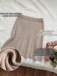Comfortcana Plus Size Autumn/Winter Floral Knit Fitted A-Line Commute Minimalist Vintage Sweater Skirt - Camel - View 8