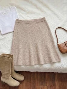 Comfortcana Plus Size Autumn/Winter Floral Knit Fitted A-Line Commute Minimalist Vintage Sweater Skirt - Camel - View 2