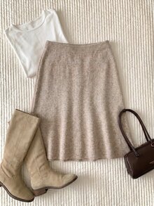 Comfortcana Plus Size Autumn/Winter Floral Knit Fitted A-Line Commute Minimalist Vintage Sweater Skirt - Camel - View 4