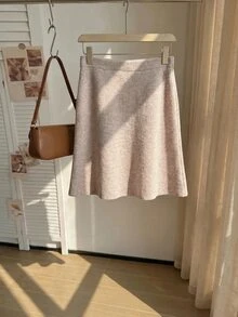 Comfortcana Plus Size Autumn/Winter Floral Knit Fitted A-Line Commute Minimalist Vintage Sweater Skirt - Camel - View 5