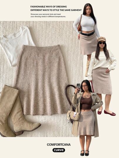 Comfortcana Plus Size Autumn/Winter Floral Knit Fitted A-Line Commute Minimalist Vintage Sweater Skirt