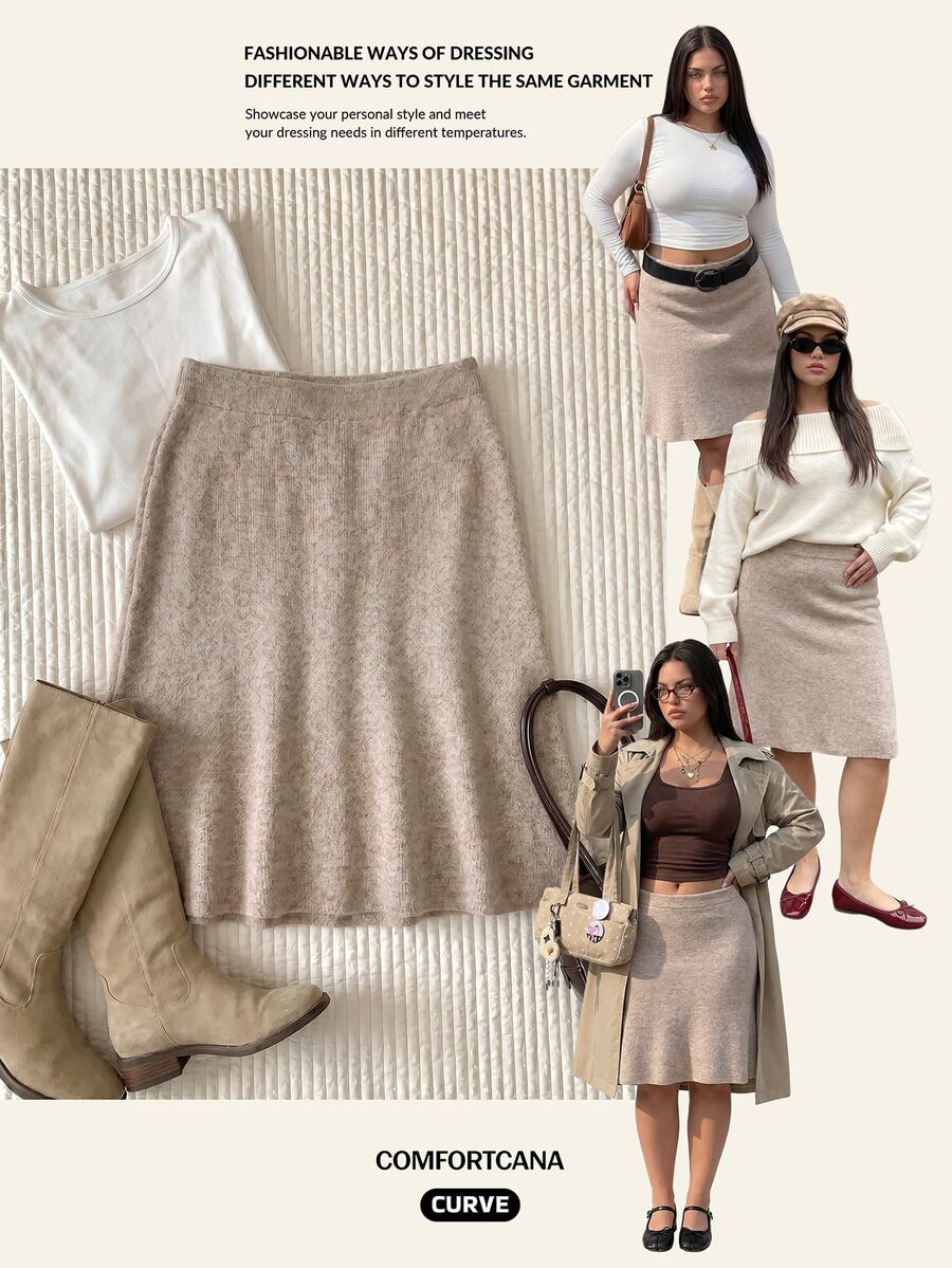 Comfortcana Plus Size Autumn/Winter Floral Knit Fitted A-Line Commute Minimalist Vintage Sweater Skirt - Camel - View 1