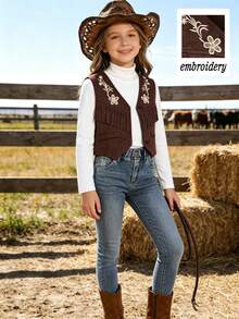 SHEIN Elladie kids 女童美式牛仔女孩流蘇背心 單件無袖馬甲 V領前開扣 花卉刺繡裝飾 流蘇穗飾 復古復古風 - 棕色 - 查看 8