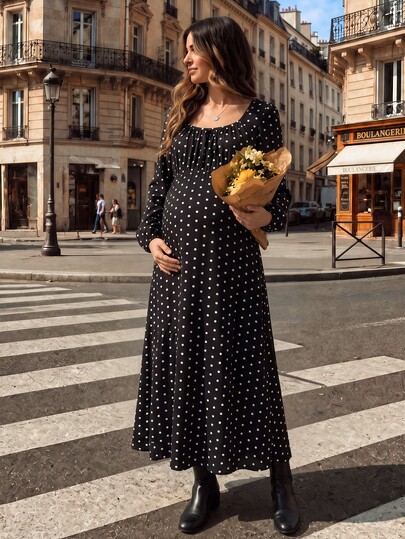 Momance Women's Elegant Maternity Midi Dress, Square Neck, Long Sleeve, Polka Dot, Cinched Waist, Romantic Casual Commute Party Autumn Outfit