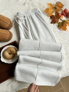Comfortcana Plus Size Grey Thermal Lined Casual Straight Leg Sweatpants, Back To School Season - Light Grey - View 8