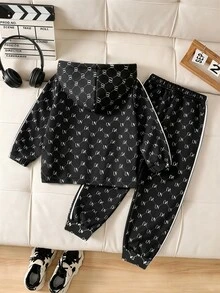 Baby Boy Hooded Jacket & Sweatpants 2 Pieces Set, All-Over Print Casual Outfit, All-Match Versatile Daily Wear For Outings And Street, Suitable For Autumn/Winter - Multicolor - View 2
