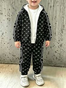 Baby Boy Hooded Jacket & Sweatpants 2 Pieces Set, All-Over Print Casual Outfit, All-Match Versatile Daily Wear For Outings And Street, Suitable For Autumn/Winter - Multicolor - View 1