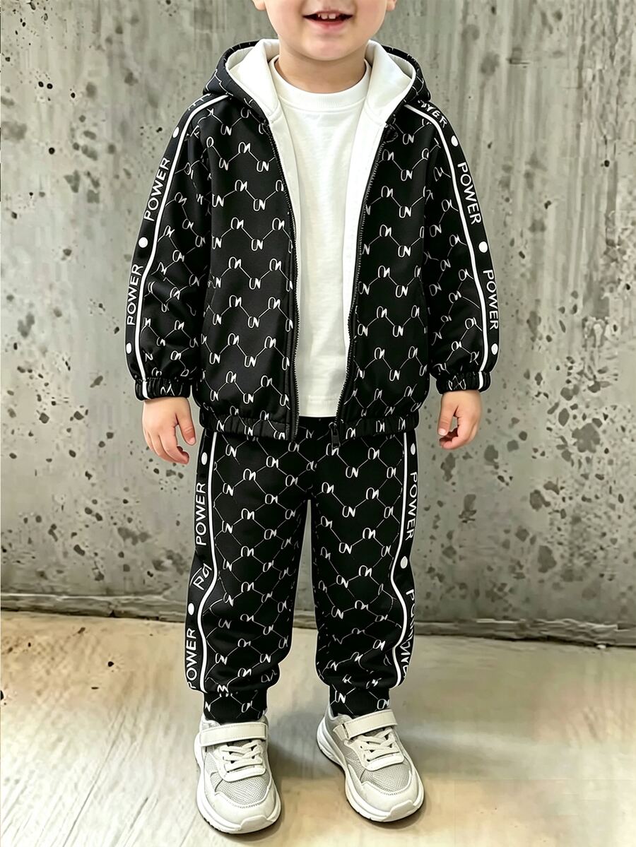 Baby Boy Hooded Jacket & Sweatpants 2 Pieces Set, All-Over Print Casual Outfit, All-Match Versatile Daily Wear For Outings And Street, Suitable For Autumn/Winter - Multicolor - View 1