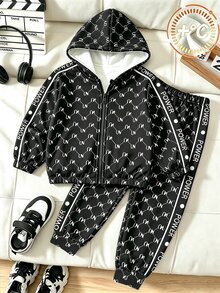 Baby Boy Hooded Jacket & Sweatpants 2 Pieces Set, All-Over Print Casual Outfit, All-Match Versatile Daily Wear For Outings And Street, Suitable For Autumn/Winter - Multicolor - View 3