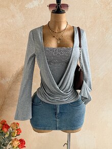 Soleia Atasan 2 in 1 Wanita Elegan Motif Renda Patchwork untuk Musim Gugur - Light Grey - View 6