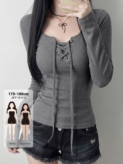 Dazy Tall Women's Lace-Up Fitted Pullover T-Shirt, Casual Sexy Urban Style Autumn Night Out Club Light Grey