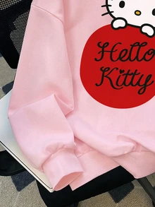 HELLO KITTY AND FRIENDS | SHEIN 青少年女孩淺粉色正反面印花圓領衛衣，蝴蝶結卡通圖案寬鬆長袖休閒春秋套頭上衣，女孩子返校穿搭 - 粉色 - 查看 4