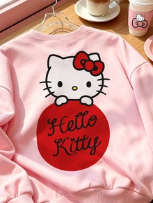 HELLO KITTY AND FRIENDS | SHEIN 青少年女孩淺粉色正反面印花圓領衛衣，蝴蝶結卡通圖案寬鬆長袖休閒春秋套頭上衣，女孩子返校穿搭 - 粉色 - 查看 5